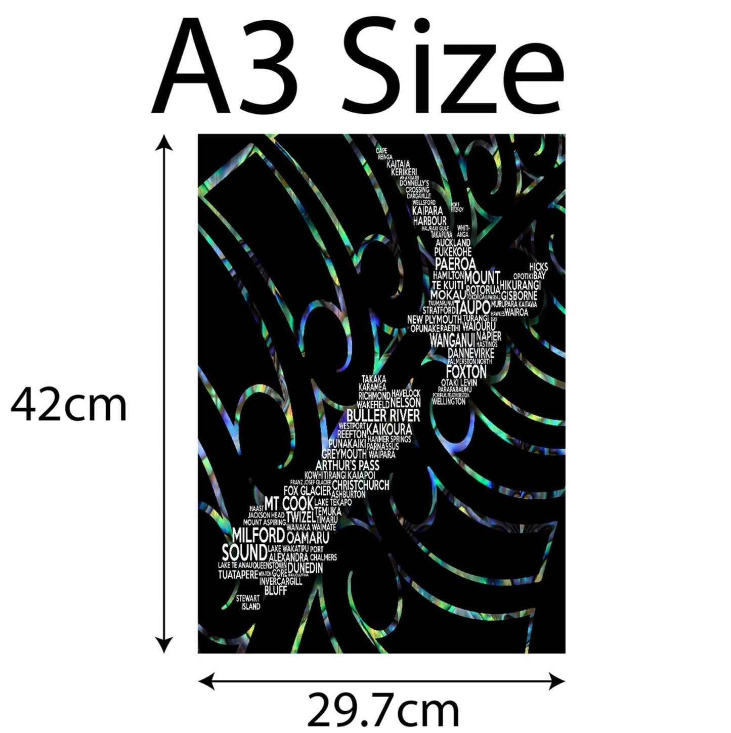 A3 New Zealand Map With Exploding Fern Background Paua Colours