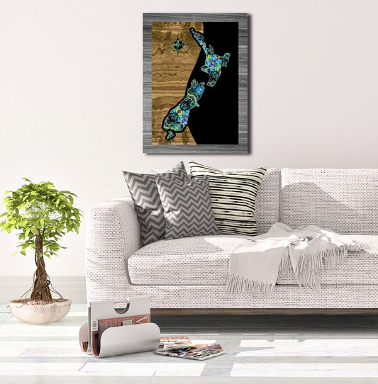 A3 New Zealand  Paua Colour Map With Wood And Black Colour Back Ground Canvas Print