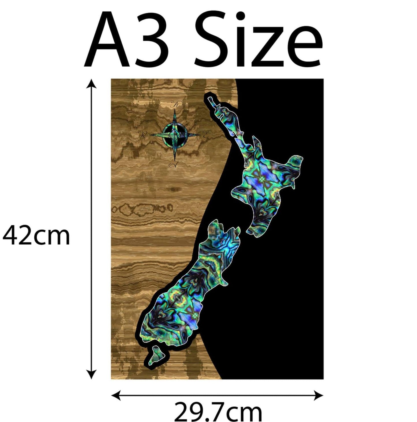 A3 New Zealand Paua Colour Map With Wood And Black Colour Back Ground Canvas Print