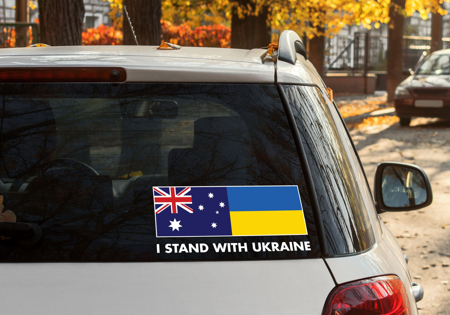 I Stand With Ukraine Vinyl Waterproof Car Sticker 32 x 14cm Ukraine Flag and Australian Flag