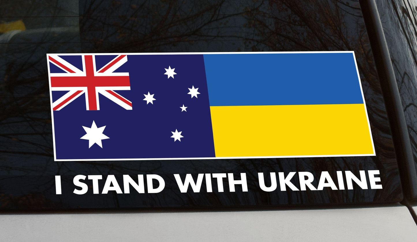 I Stand With Ukraine Vinyl Waterproof Car Sticker 32 x 14cm Ukraine Flag and Australian Flag