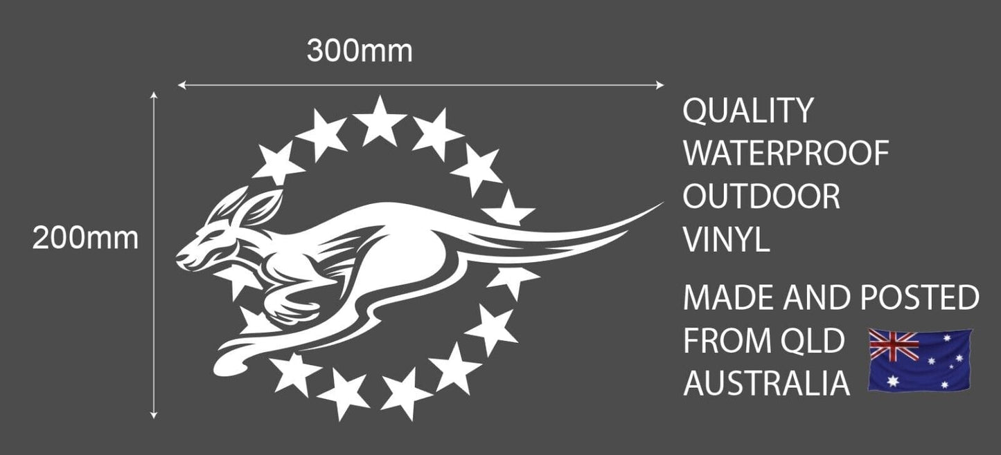 Cook Island Vinyl White 15 Stars with Australian Kangaroo Inside Sticker 300 x 200mm