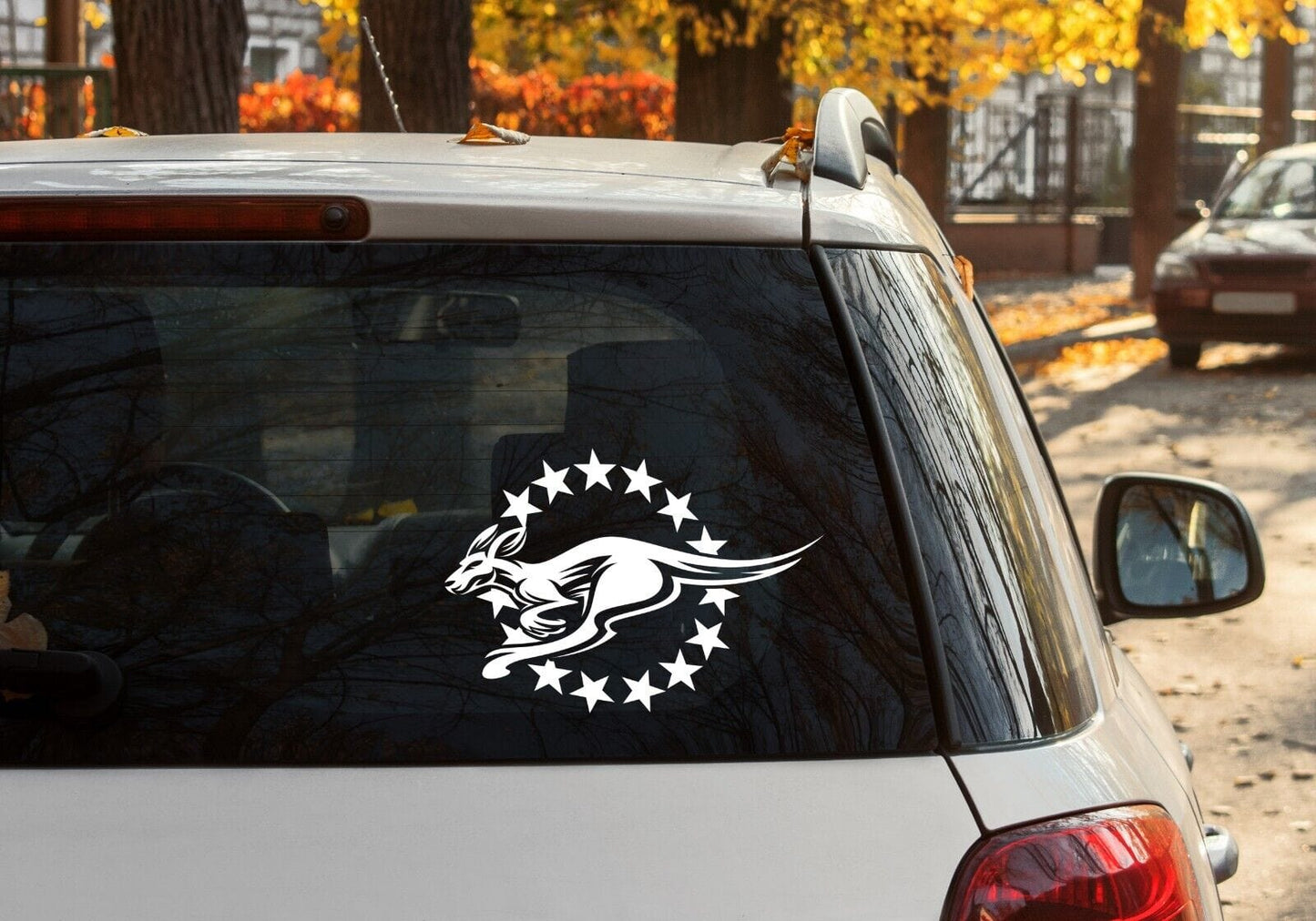 Cook Island Vinyl White 15 Stars with Australian Kangaroo Inside Sticker 300 x 200mm