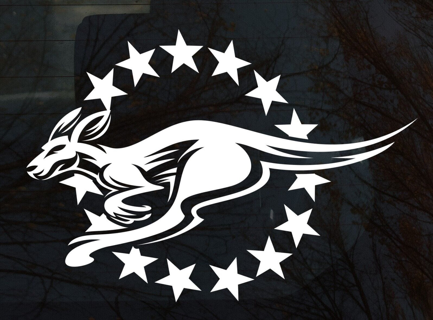 Cook Island Vinyl White 15 Stars with Australian Kangaroo Inside Sticker 300 x 200mm