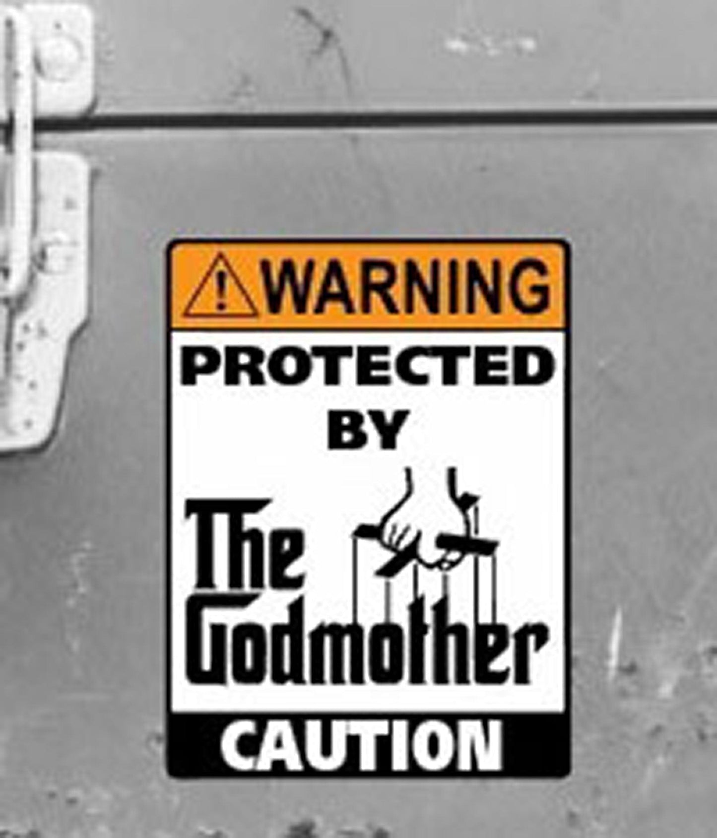 Man Cave Vinyl Sticker Protected By The Godmother 100 x 130mm