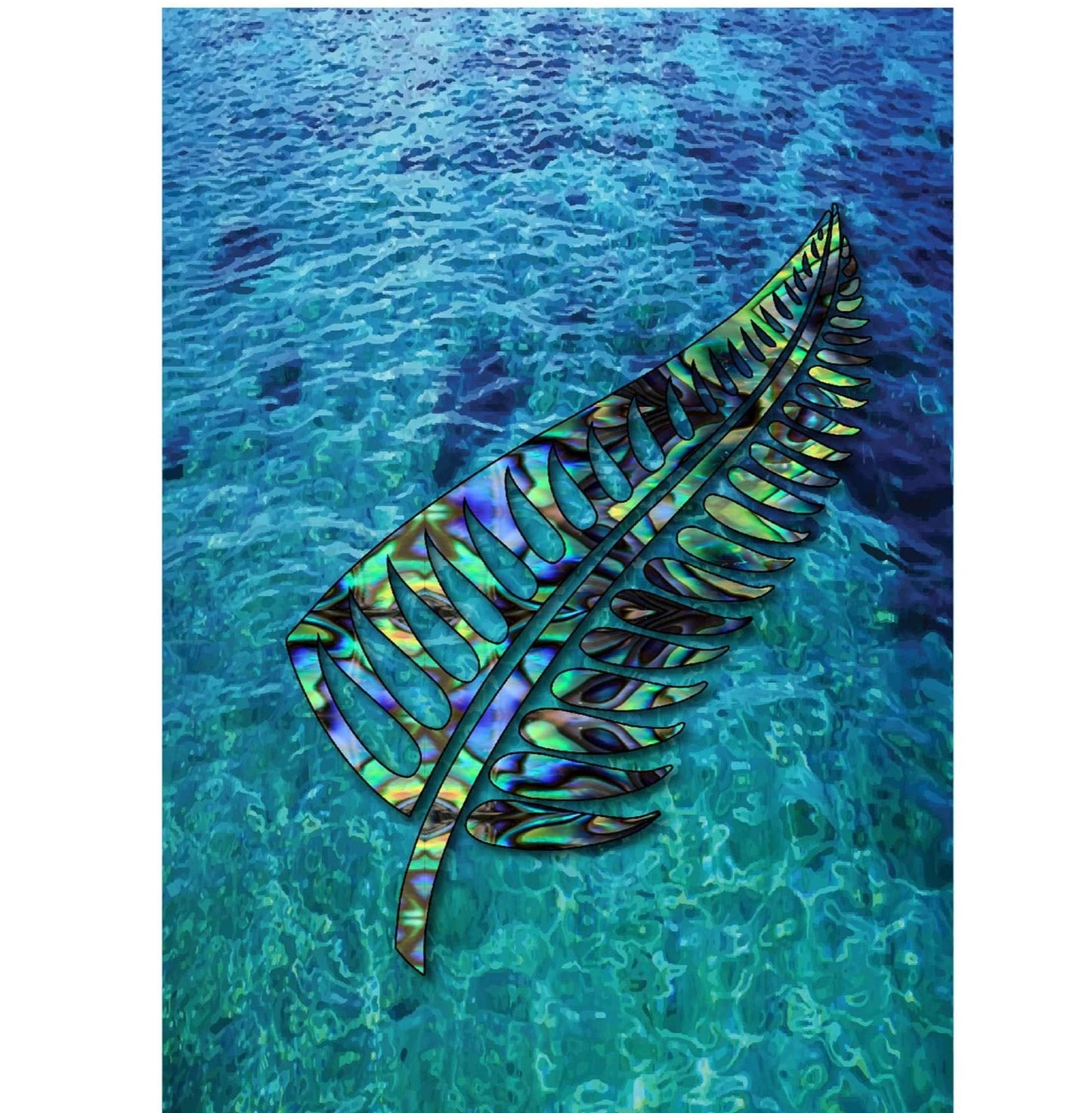 fern in paua colours with blue ocean back ground canvas print ready to frame A3 size