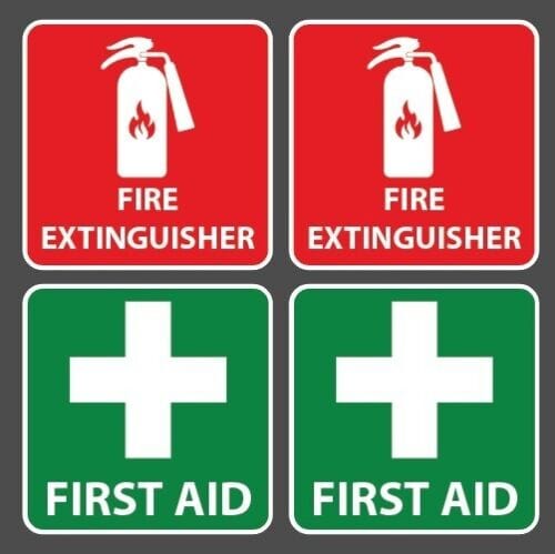 Workplace First Aid and Fire Extinguisher 4 Pack Vinyl Stickers 10 x 10cm