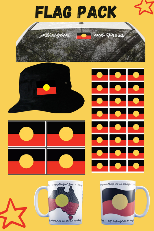Aboriginal Flag Set includes Soft Cotton Bucket Hat, Vinyl Stickers, Coffee Mug