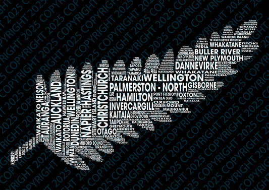 New Zealand Map Fern With Towns Digital Print