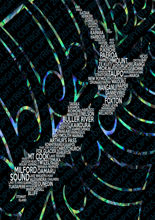 NZ map for digital download paua colours on black background