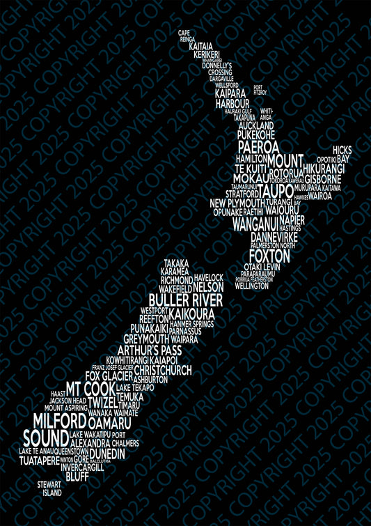 New Zealand Map Black Background Digital Print