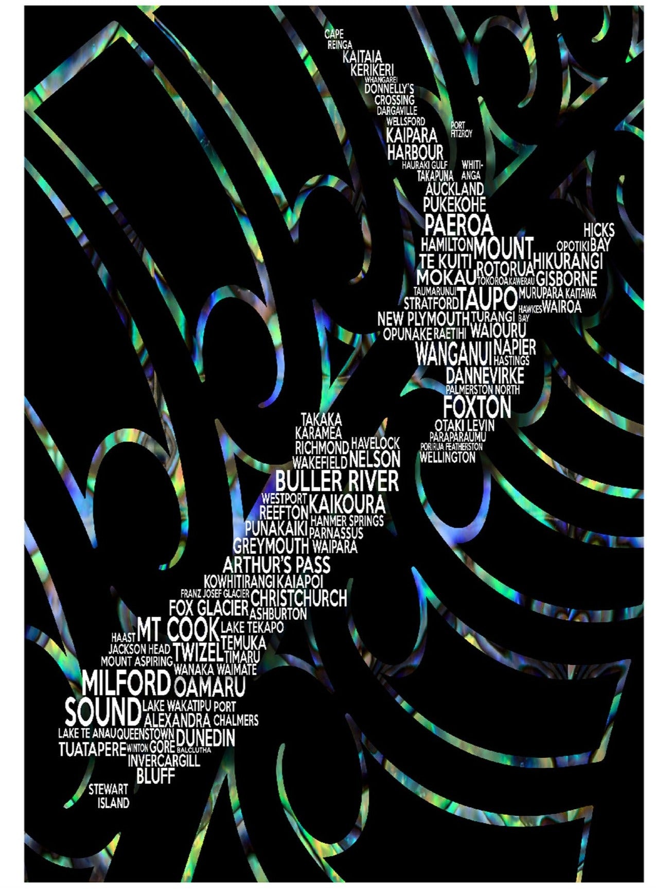 New Zealand map white writing with paua colour exploding fern in the back ground canvas print A3 size ready for framing
