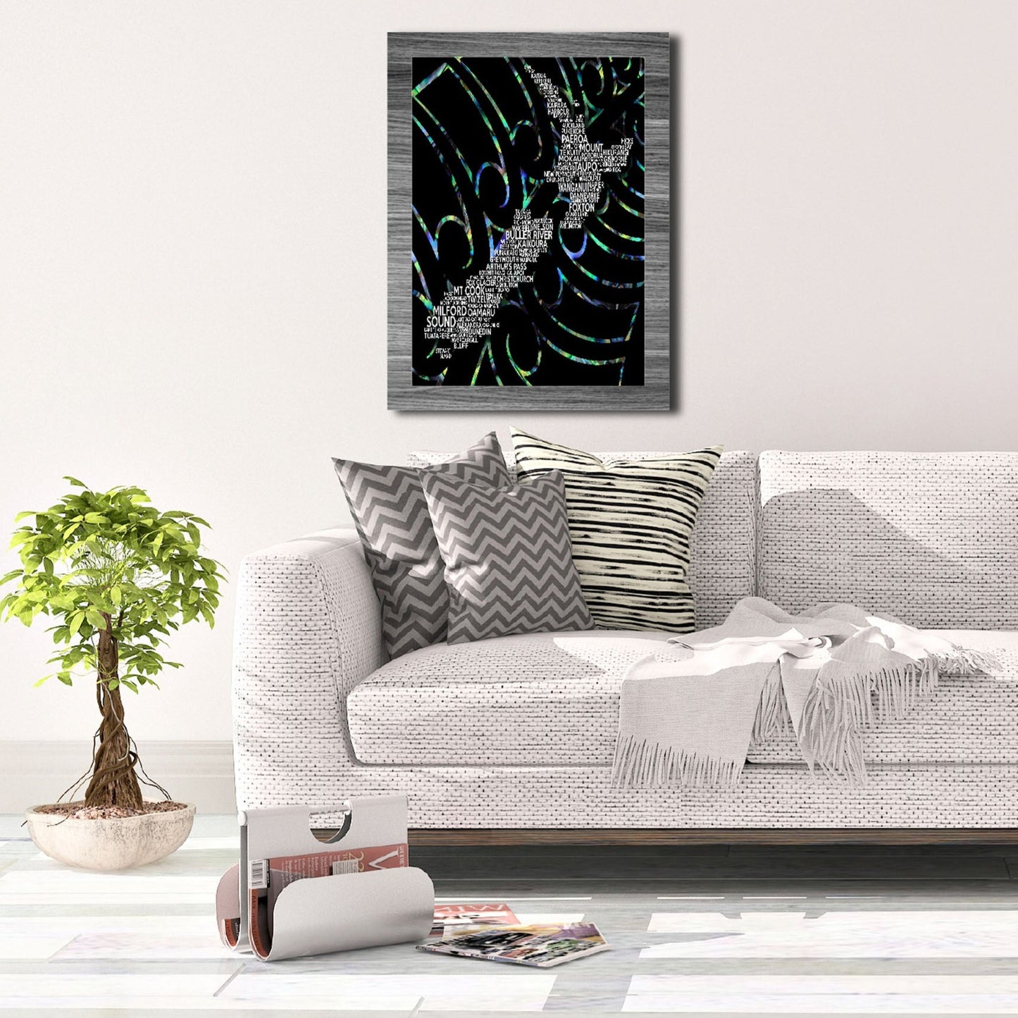 A3 New Zealand  Map With Exploding Fern Background Paua Colours