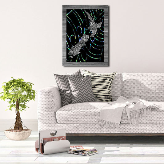 A3 New Zealand  Map With Exploding Fern Background Paua Colours