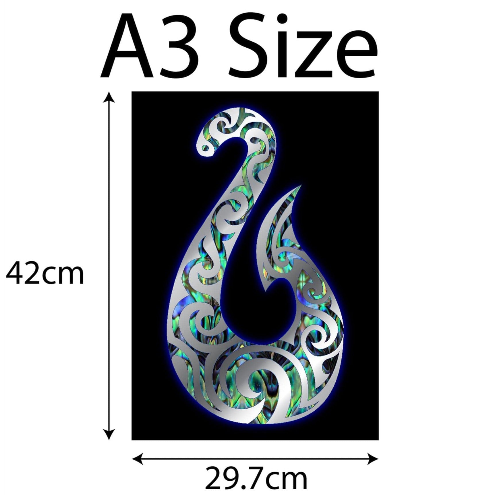New Zealand Fish Hook chrome colour with paua colour behind it black background A3 canvas print ready for framing 