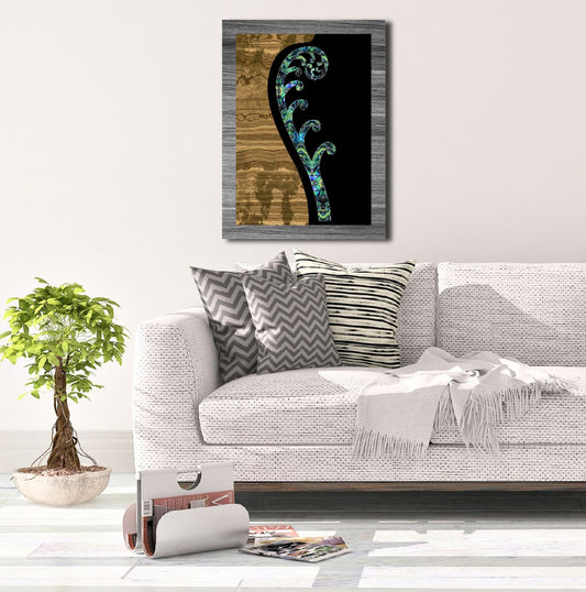 A3 New Zealand Paua Colour Koru with Black and Wood Background Canvas Print