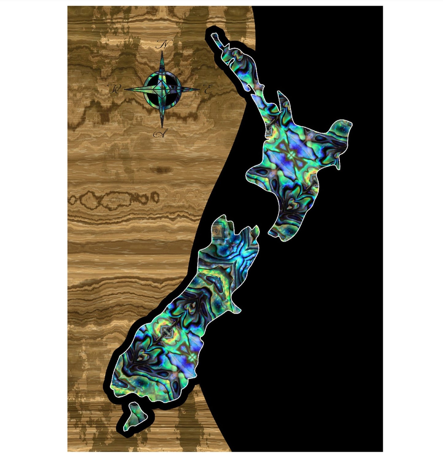 New Zealand paua colour map with wood and black colours back ground canvas print ready for framing A3 size