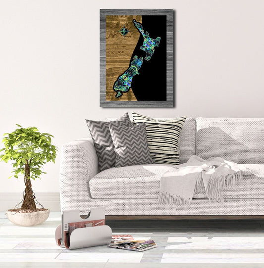 A3 New Zealand Paua Colour Map With Wood And Black Colour Back Ground Canvas Print