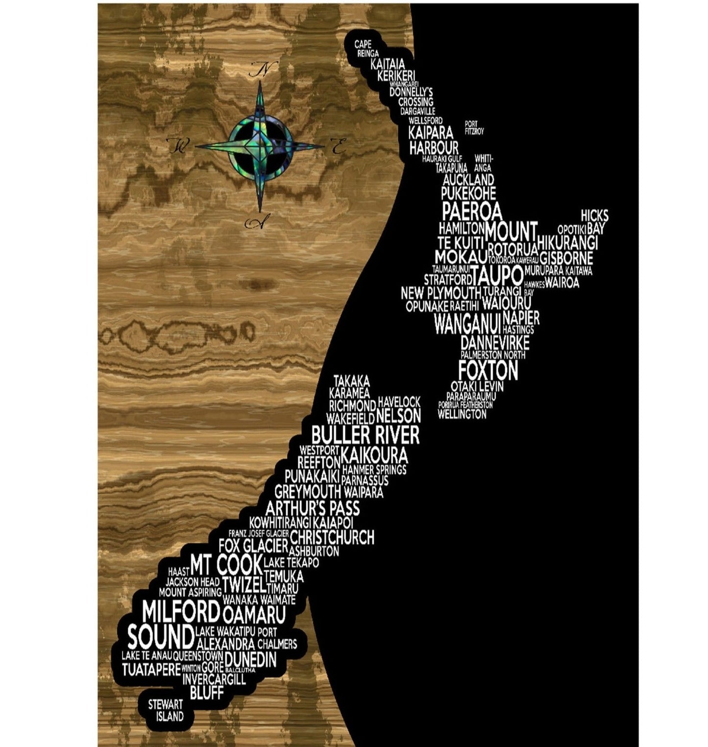 New Zealand map canvas print in white writing with wood and black colours background ready for framing A3 size
