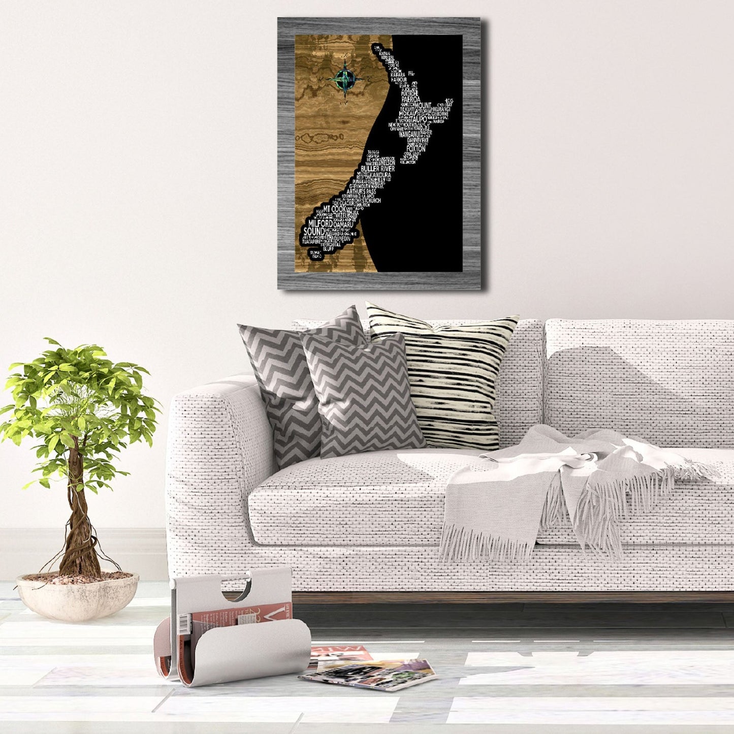 A3 New Zealand Map With Black And Wood Colour Background Canvas Print
