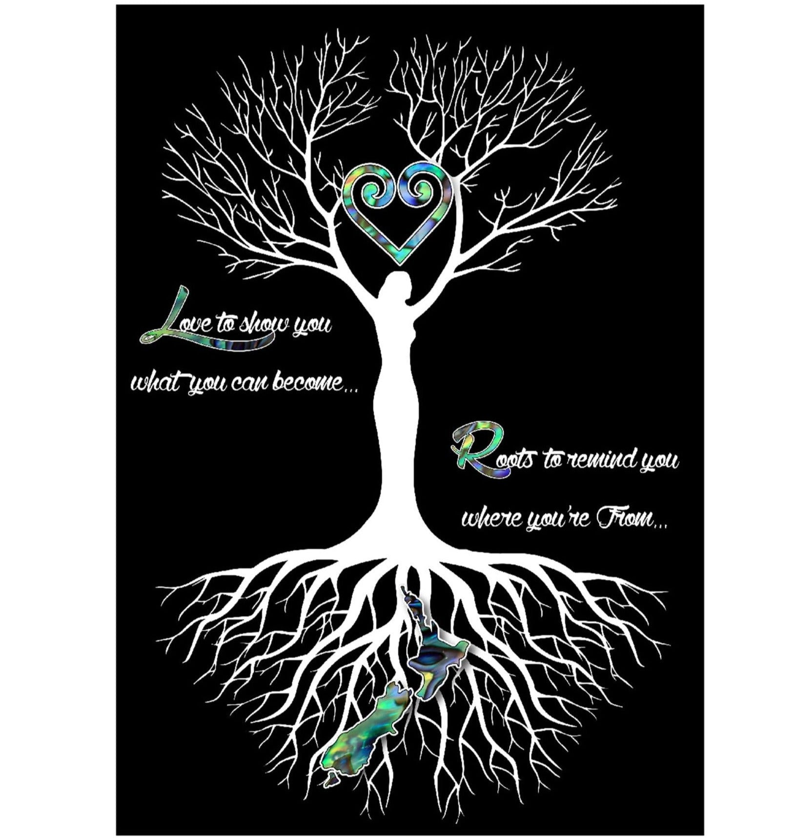 New Zealand Tree of life canvas print lady tree paua colours black background A3 canvas print ready for framing