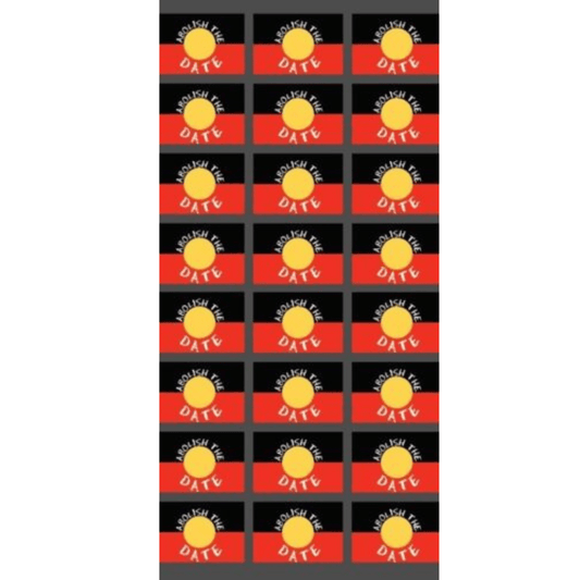 Sheet of 24 Aboriginal Flag Abolish The Date Vinyl Stickers each sticker is 33 x 22mm.