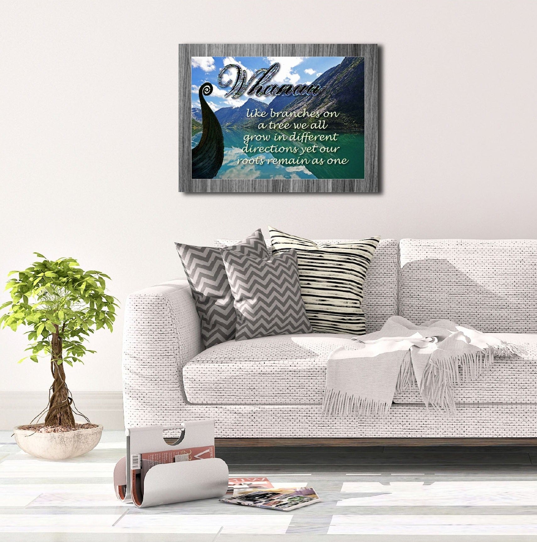 Whanau Maori boat on water with mountain view canvas print A3 size ready for framing 