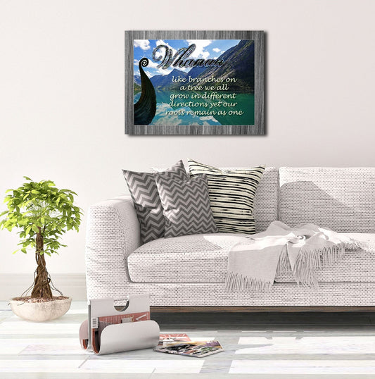 Whanau Maori boat on water with mountain view canvas print A3 size ready for framing 