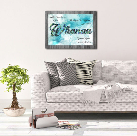 Whanau in paua colours with sky blue background A3 canvas print ready for framing
