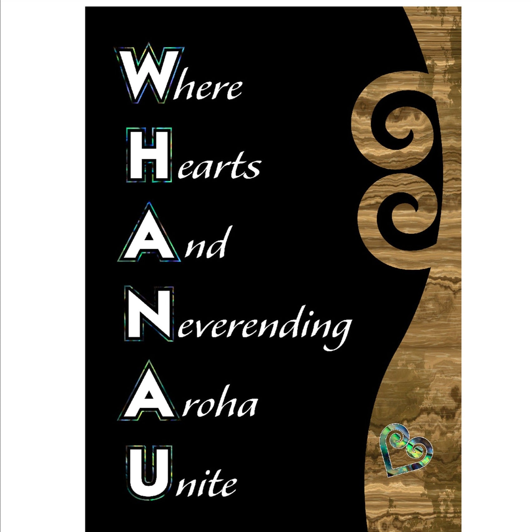 Whanau Maori A3 canvas print ready for framing with wood look koru and black background