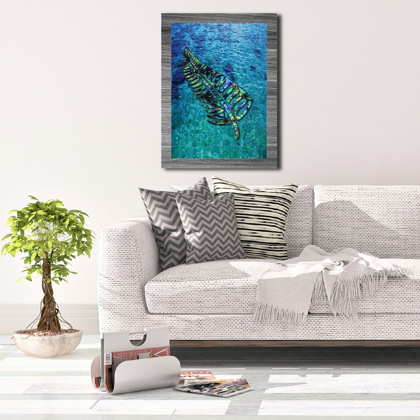 A3 New Zealand Left Facing Fern with Ocean Background Canvas Print