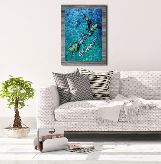 Aotearoa Map Paua colours with ocean blue background canvas print ready for framing A3 size 
