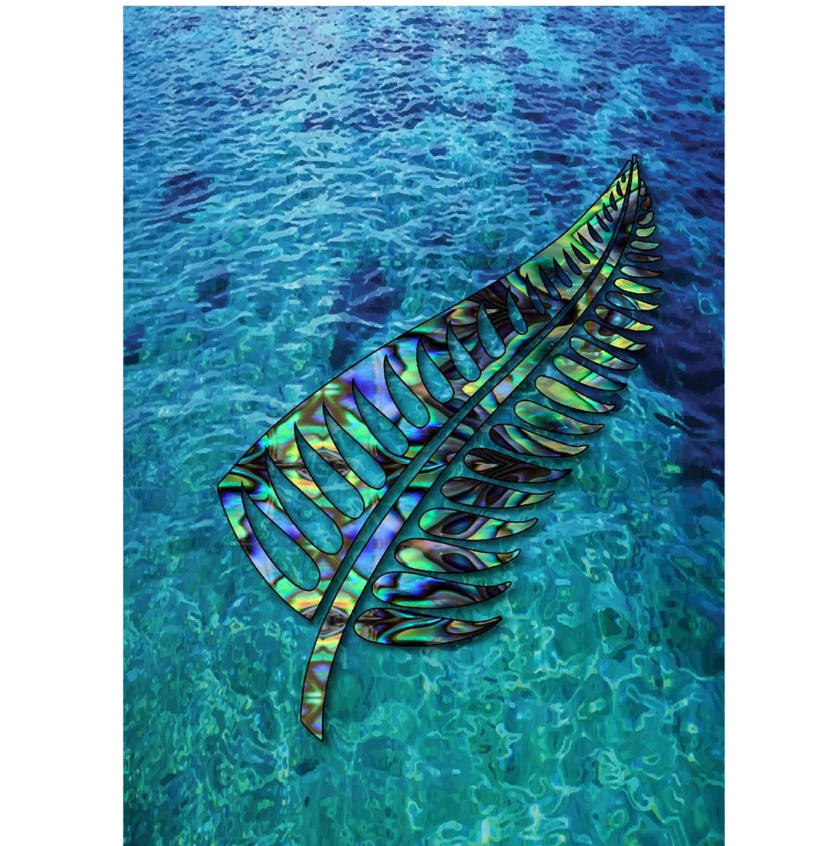 fern in paua colours with blue ocean back ground canvas print ready to frame A3 size