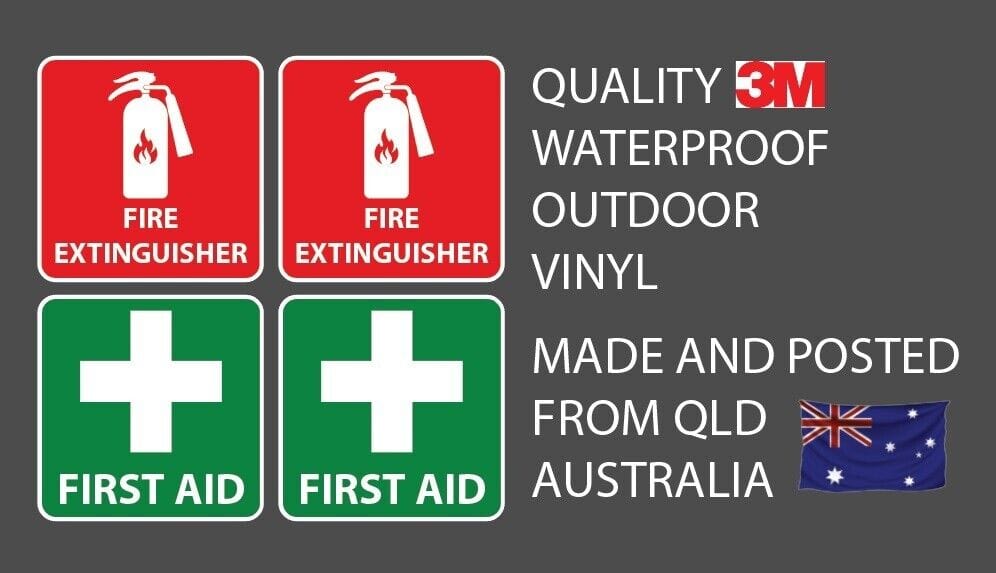 Workplace First Aid and Fire Extinguisher 4 Pack Vinyl Stickers 10 x 10cm